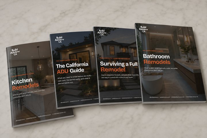 The four Build Advisor CA project guides: bathroom, kitchen, ADU, and full remodel