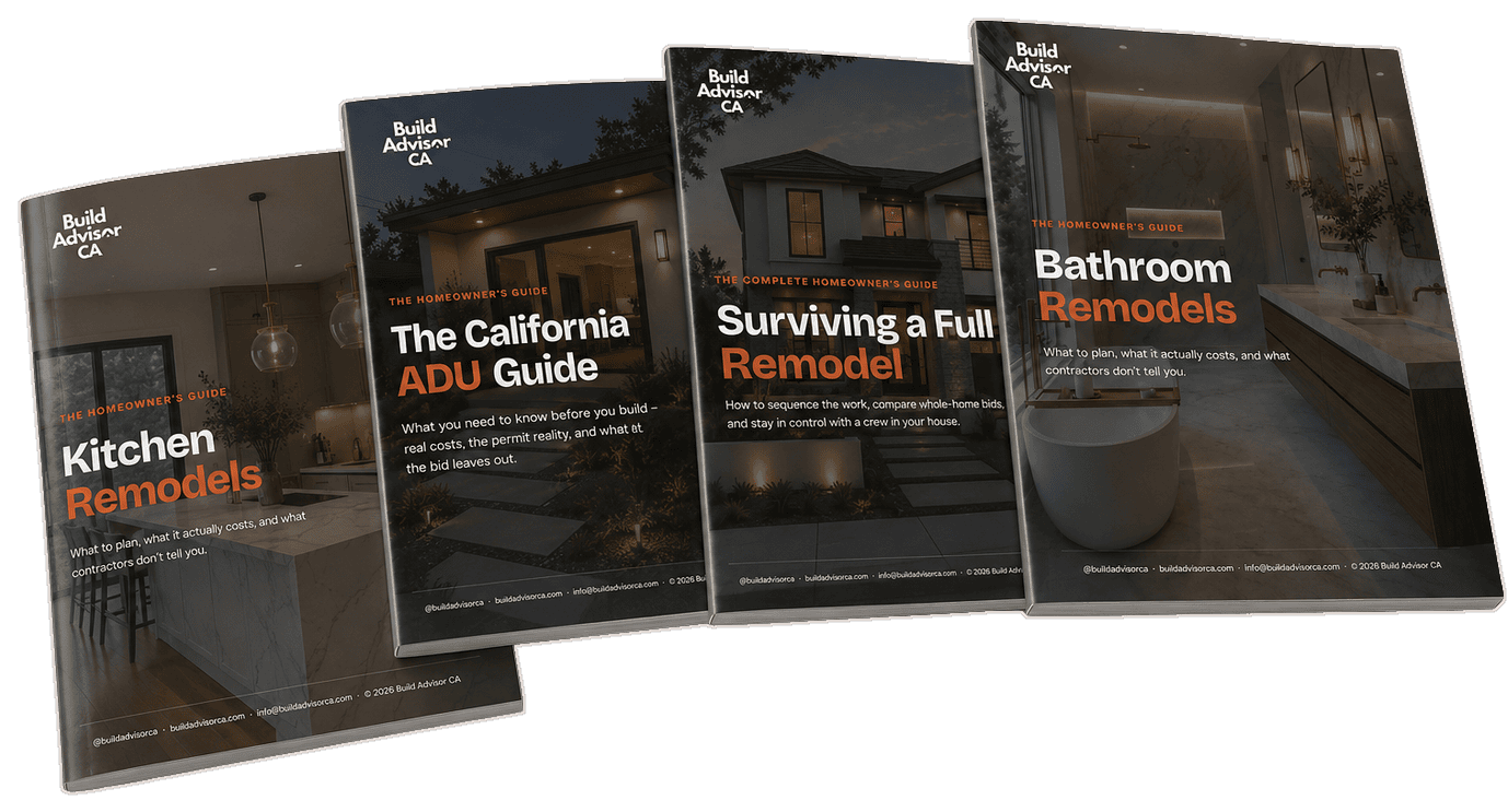 The Homeowner Guide Library: all four printed Build Advisor CA guides (kitchen, ADU, full remodel, bathroom)