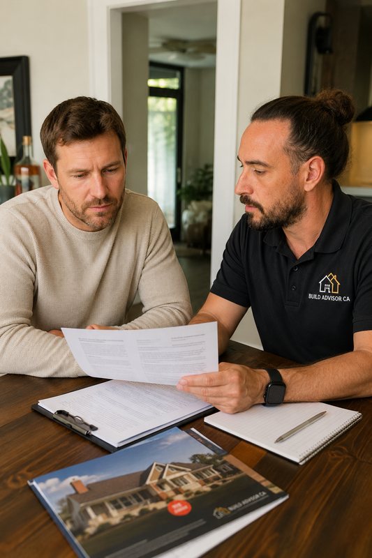 Tom reviewing a homeowner's plans and bids