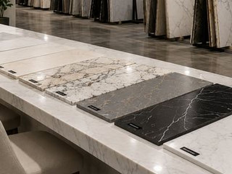 Choosing finishes in a stone showroom